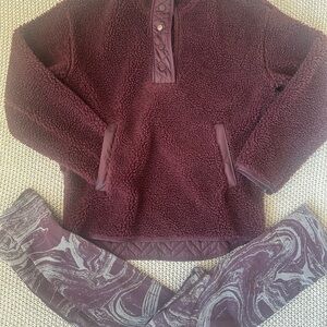 Athleta Plum maroon Sherpa Fleece Pullover and marbled Leggings Set